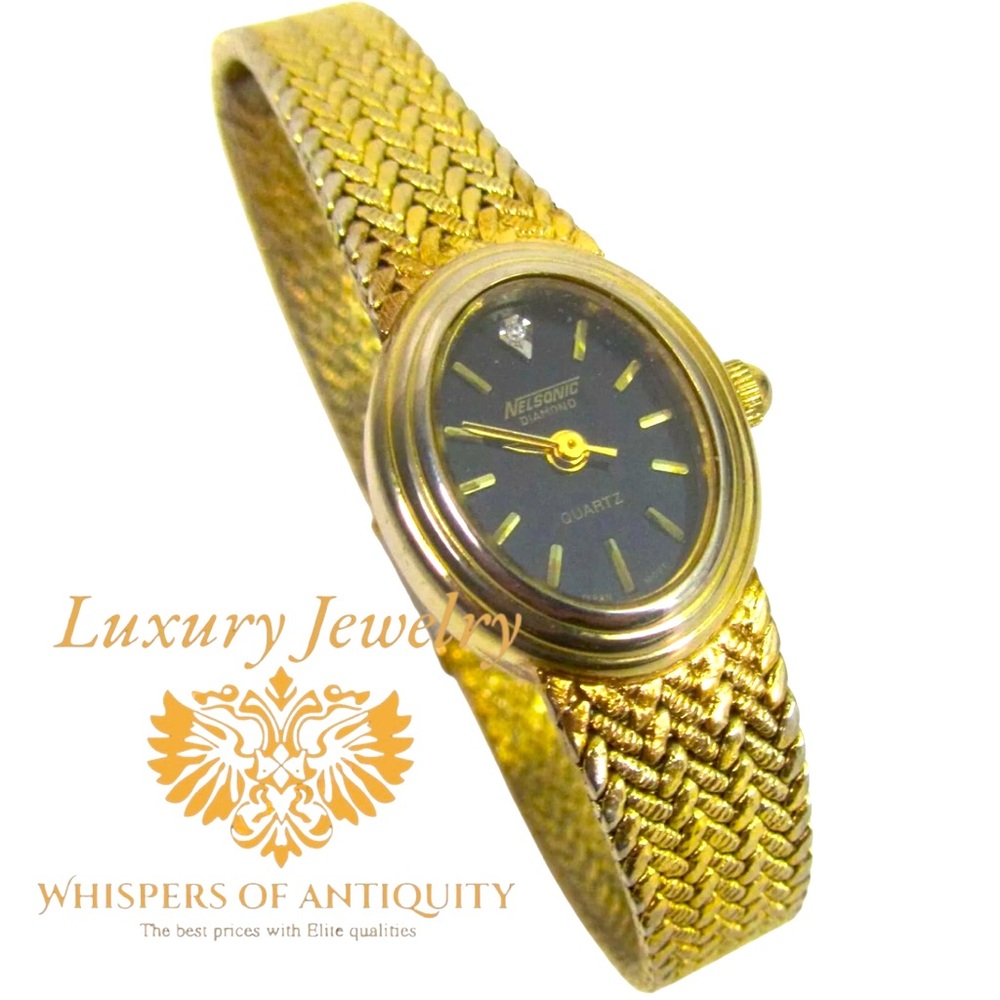 VTG Nelsonic Diamond Gold Ladies Watch Black Dial Herringbone Adjustable Band